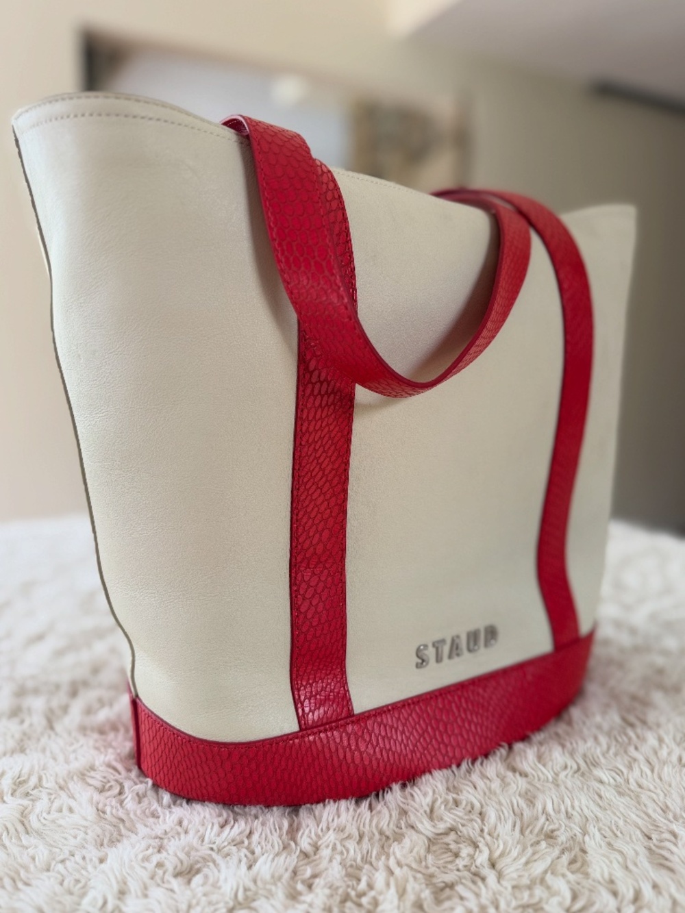 NWT STAUD Large Allora Tote Cream/Red Rose | Leather | Dust Bag | MSRP $495